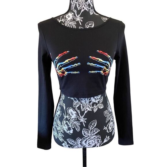 Skeleton Cropped Long Sleeve Shirt Grunge Punk Goth Gothic Emo Skull Rainbow Alt - Picture 1 of 11